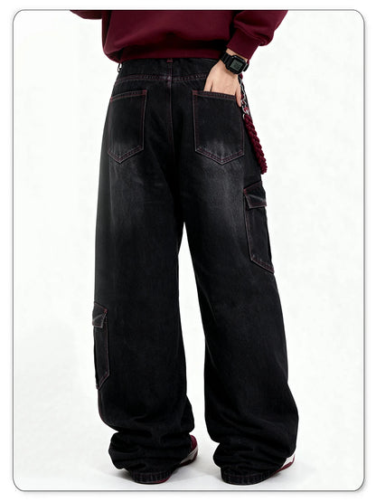 Men's American Street Retro Deconstruction Loose Wide Leg Jeans Unisex Baggy Men's Clothes Multi Pocket Skateboard Pants Jeans