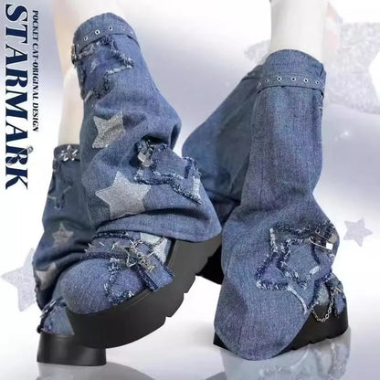 2024 New Y2K Star Print Chunky Platform Ankle Boots Women Metal Chain Blue Denim Boots Woman Cute Thick Bottom Jk Lolita Shoes