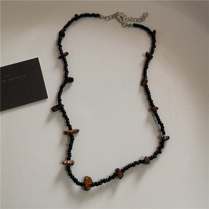 Vintage Leather Brown Stone Sun Pendant Beaded Choker Clavicle Chain Necklace For Women Unique Y2K Personalized Grunge Jewelry