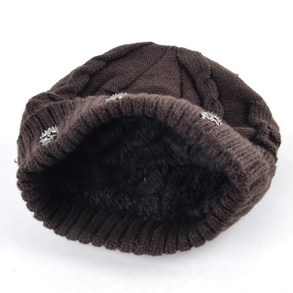 Winter Beanies Men Knitted Skull Pattern Solid Color Hat With Metal Skulls Skullies Beanies Men's Knit Thick Hats Add Velvet