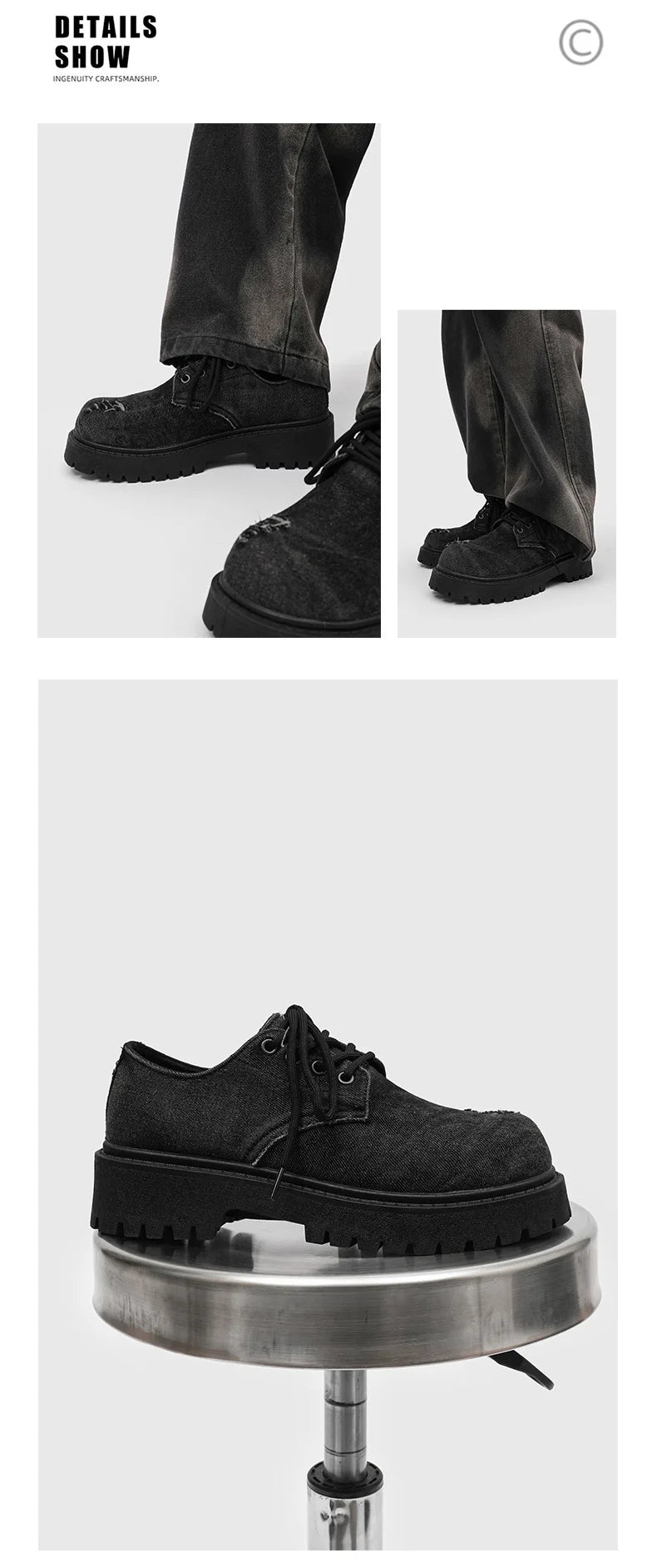Men's Distressed Denim Derby Shoes Chunky Grunge Platform Boots Avant-Garde Bulky Toe Niche Streetwear Footwear for Trendy Youth