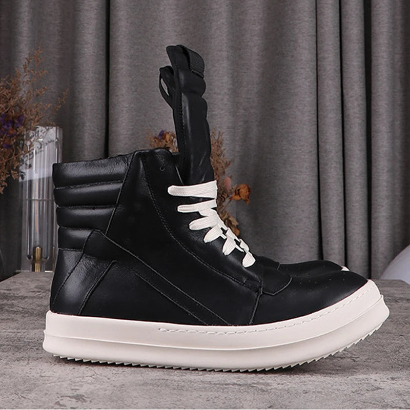 Fashion Men's Casual Shoes Inverted Triangle Design Leather Shoes for Women Black Solid Women's Sneakers Lace-up Men's Shoes