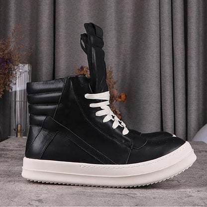 Fashion Men's Casual Shoes Inverted Triangle Design Leather Shoes for Women Black Solid Women's Sneakers Lace-up Men's Shoes