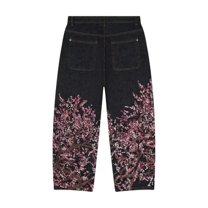 Y2K Two Piece Cherry Blossom Selvedge Embroidery oversized Hoodie Sweatshirt denim fabric American Hip hop Streetwear Pants Set