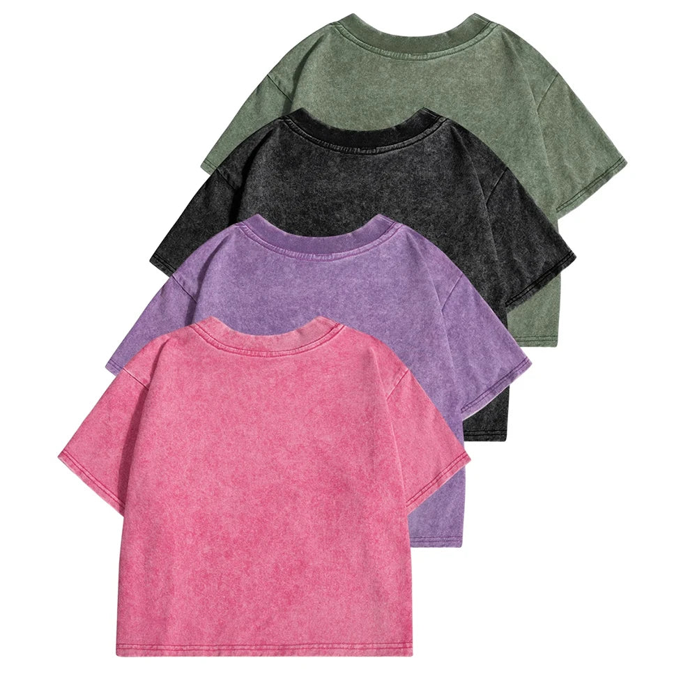 Solid Slim Washed T-Shirt Female Fashion Soft Cotton Streetwear Casual Sport Short Sleeve Cool Retro Crop Clothing For Women