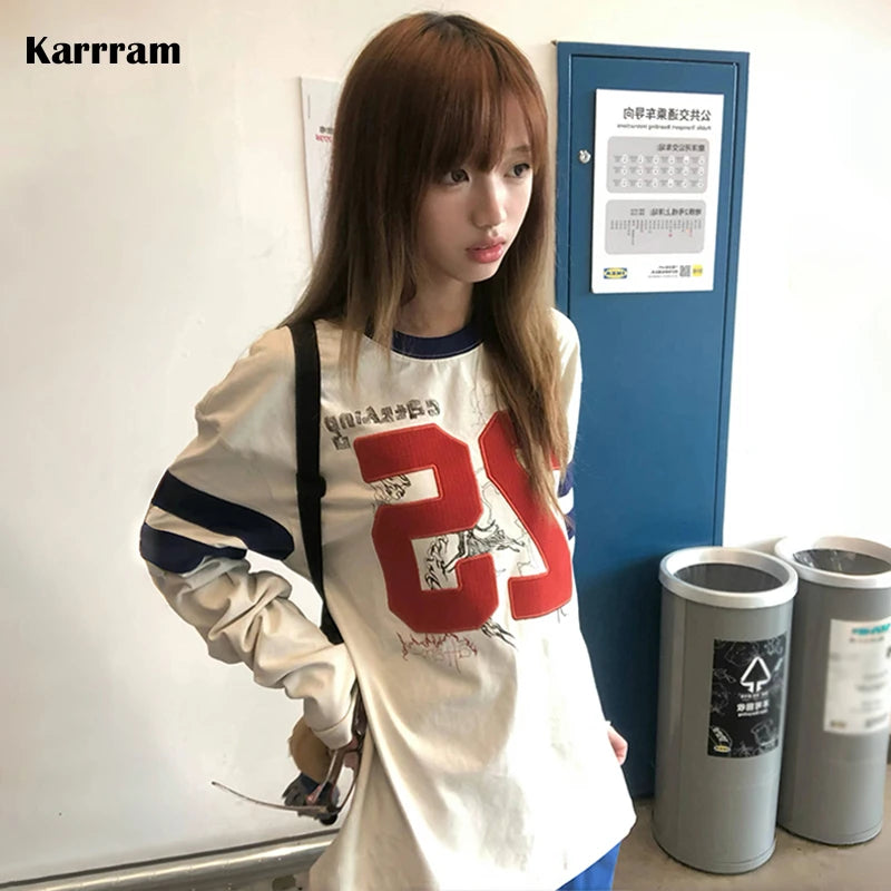 Karrram Japanese Y2k Number Print T-shirt 2000s Aesthetics Long Sleeve Jersey Tops Vintage Harajuku Streetwear American Retro