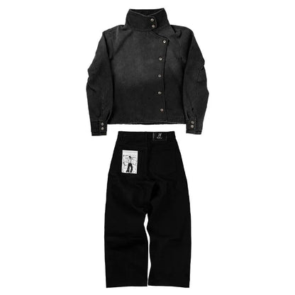 Y2K Vintage Black Denim Two Piece Set Asymmetric Button High Neck Jacket Baggy Wide Leg Pants Streetwear Gothic Harajuku Outfits