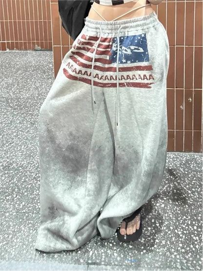 Y2K College American Hip-hop Goth Print Drawstring Wide Leg Sweatpants Loose 90s High Street Sports Trousers Floor Length Pants