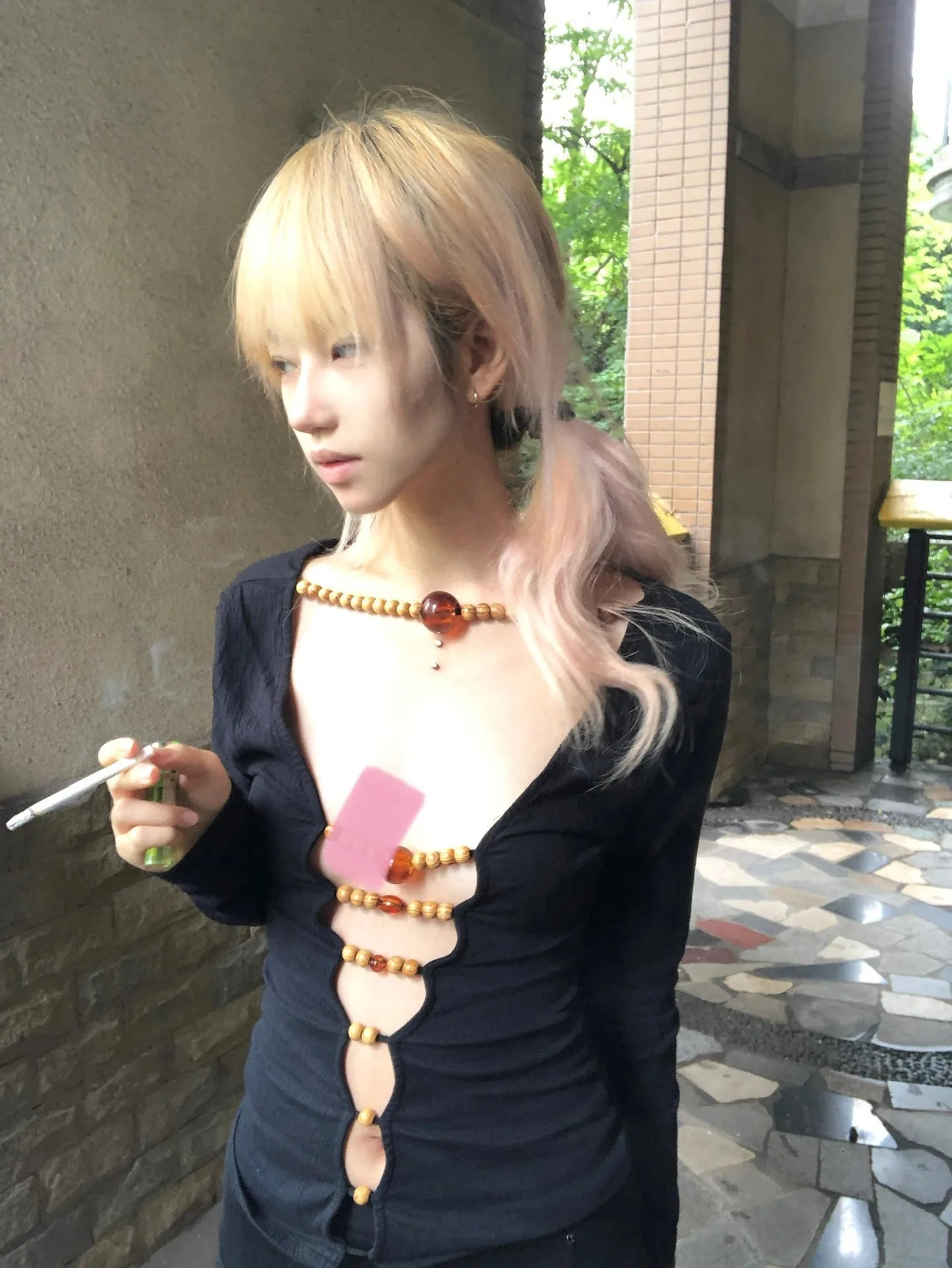 Karrram Japanese Y2k Hollow Out Tops Vintage Harajuku Beaded T Shirt 2000s Aesthetics Long Sleeve Slim T-shirts American Retro