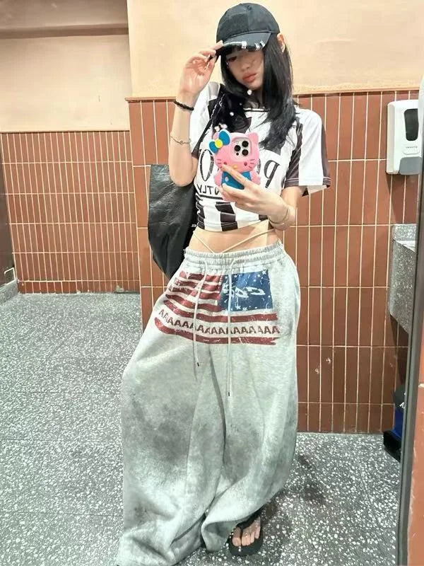 Y2K College American Hip-hop Goth Print Drawstring Wide Leg Sweatpants Loose 90s High Street Sports Trousers Floor Length Pants