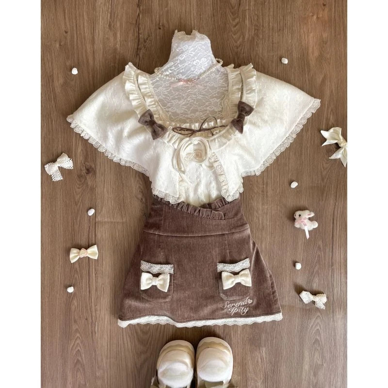 Vintage 3 Piece Skirt Suit Women Kawaii Ruffles Cardigan Outwear Bodycon Vest Blouse + Slim Y2k Skirts Evening Party Lolita Sets