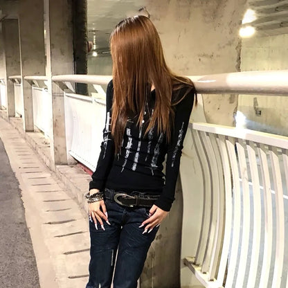 Karrcat Grunge Aesthetics Tattoo Print Knitted Tops Trashy Y2k Long Sleeve Knit T-shirt Vintage Gothic Button Top American Retro