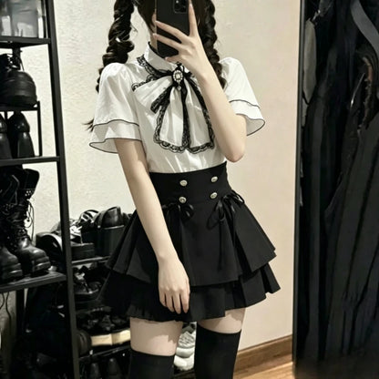 Japanese Style Lolita Sweet Dress Set 2026 New Vintage Plaid Cute Bow Short Sleeved Tops Jk Casual Y2k Shorts Girls Kawaii Set