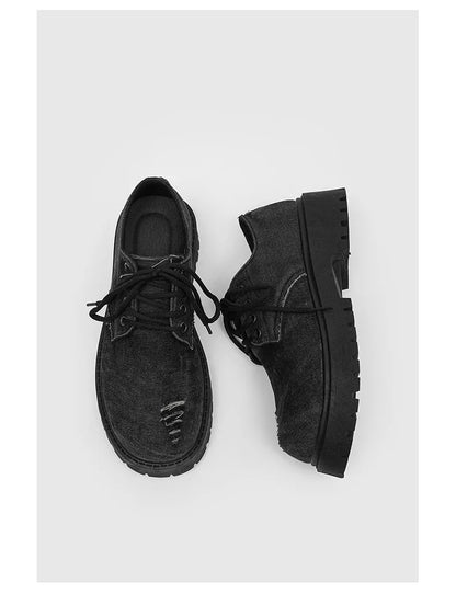 Men's Distressed Denim Derby Shoes Chunky Grunge Platform Boots Avant-Garde Bulky Toe Niche Streetwear Footwear for Trendy Youth