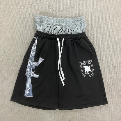 Summer Fashion Trend AK Printed Shorts Fake Two-Piece Double Waistband Casual Versatile Loose Five-Quarter Pants