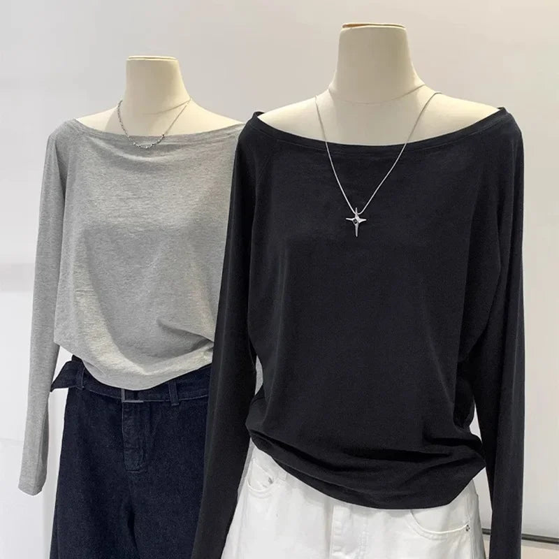 One Shoulder Cotton Slant Shoulder Long Sleeve Women's Clothing Style Interior Wide Truffle Shoulder Base Autumn Winter Shirt
