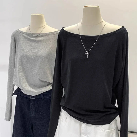 One Shoulder Cotton Slant Shoulder Long Sleeve Women's Clothing Style Interior Wide Truffle Shoulder Base Autumn Winter Shirt