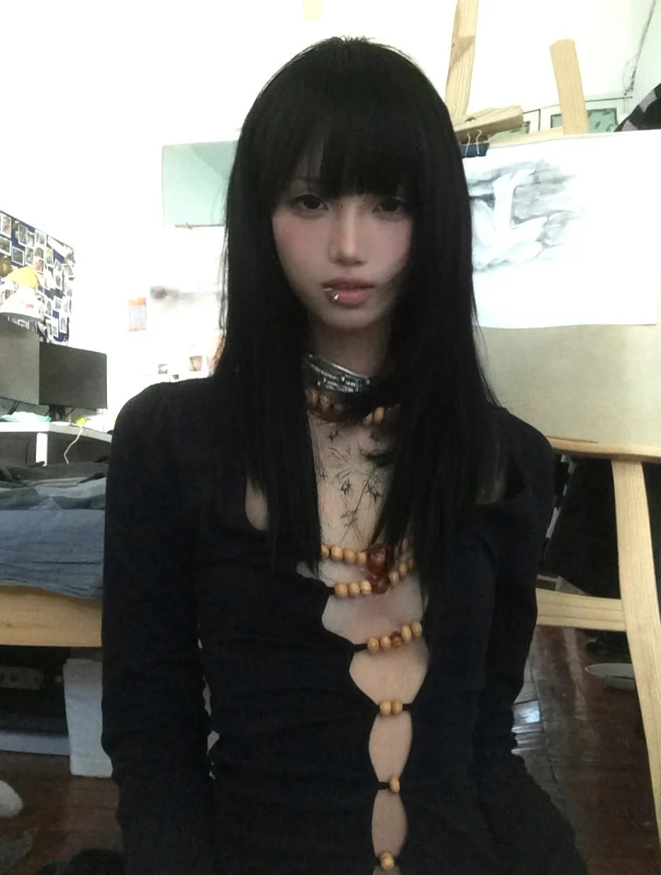 Karrram Japanese Y2k Hollow Out Tops Vintage Harajuku Beaded T Shirt 2000s Aesthetics Long Sleeve Slim T-shirts American Retro