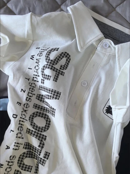 Y2K Japanese Streetwear Polo Shirt Women Slim Crop Tee 2025 White Short Sleeve Tops Letter Badge Houndstooth Vintage Harajuku