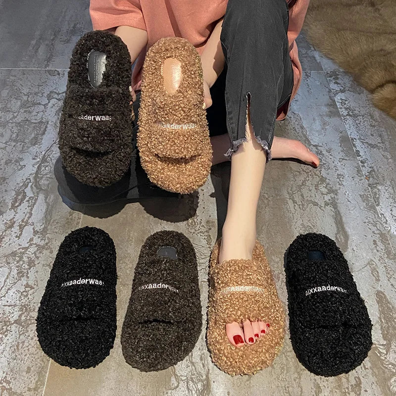 Thick Soled Plush Slippers for Autumn and Winter Versatile and Cute Fashionable and Small Waist Cotton Slippers for Home Use