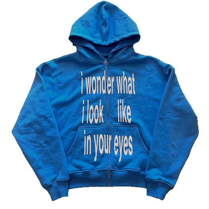 Personalized letter printed zipper sweatshirt long sleeved pullover hoodie retro jacket street trend