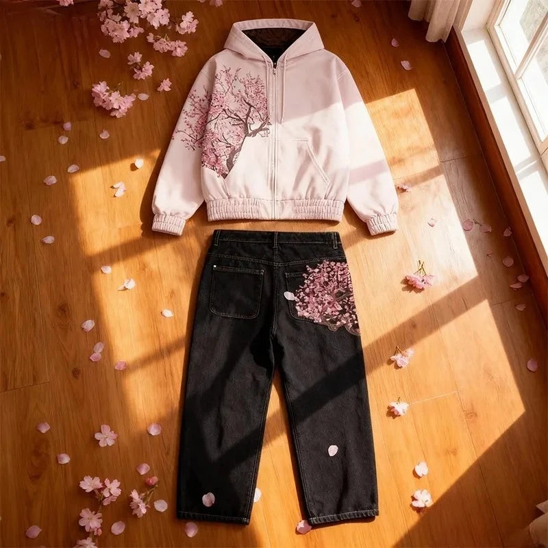 Y2K Two Piece Cherry Blossom Selvedge Embroidery oversized Hoodie Sweatshirt denim fabric American Hip hop Streetwear Pants Set