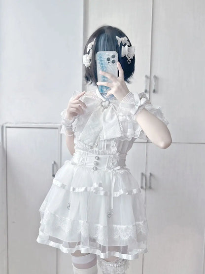 Japanese Kawaii Lolita Lace Patchwork Blouses Summer Women Harajuku Single Breasted Sweet Shirts Cute Girly JK Bow Tops Blusas
