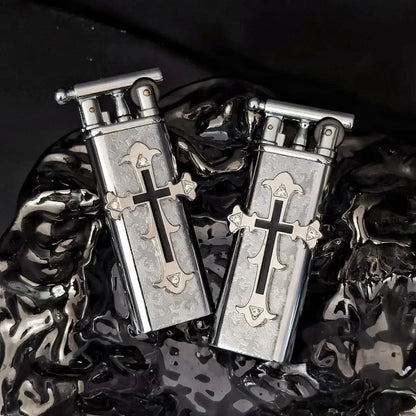 New high-end handmade retro cross outdoor lighter with metal grinding wheel and open flame portable lighter smoking gift