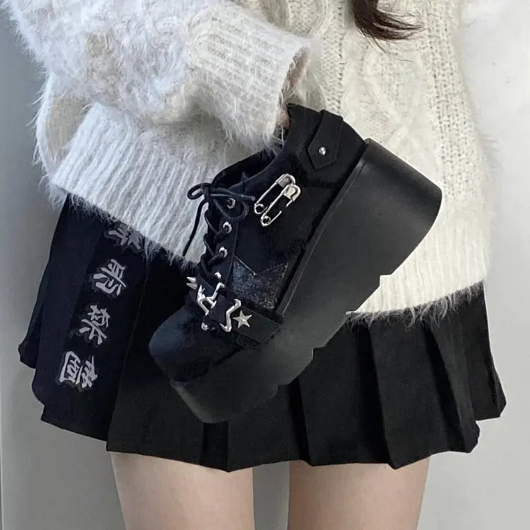 2024 New Y2K Star Print Chunky Platform Ankle Boots Women Metal Chain Blue Denim Boots Woman Cute Thick Bottom Jk Lolita Shoes