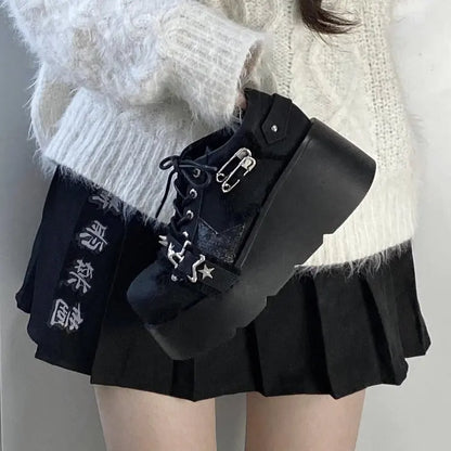 2024 New Y2K Star Print Chunky Platform Ankle Boots Women Metal Chain Blue Denim Boots Woman Cute Thick Bottom Jk Lolita Shoes