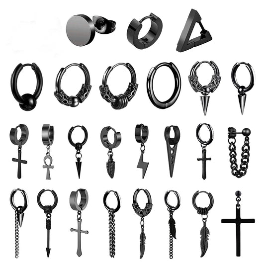 1 Pairs Punk Stainless Steel Stud Earrings Black Earrings Set For Men Women Vintage Hip Hop Piercing Ear Jewelry Accessories