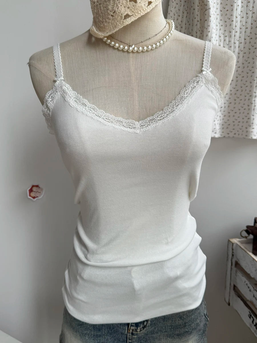 Lace Trim Strapless Tops Women Cotton Soft Slim  White Sexy Sleeveless Camisole Sweet Cute Chic Tank Tops Y2K