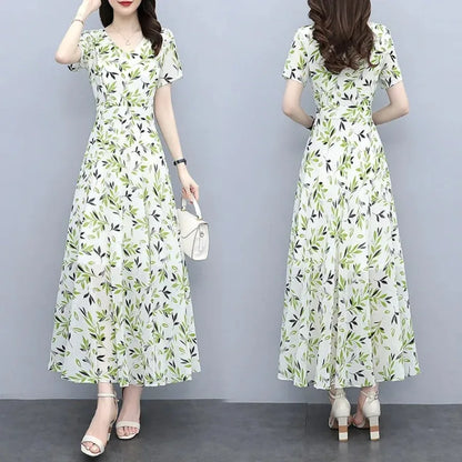 【New style】Summer clothes, new style, medium and long, above the knee, large floral fashion dress, women, waist, slimming, larg