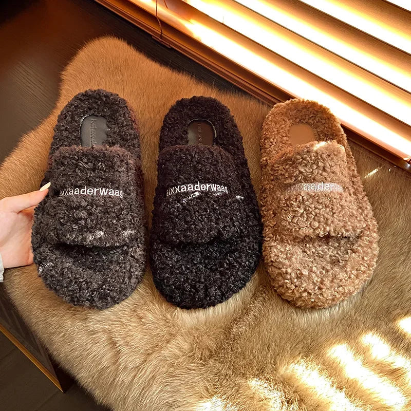 Thick Soled Plush Slippers for Autumn and Winter Versatile and Cute Fashionable and Small Waist Cotton Slippers for Home Use