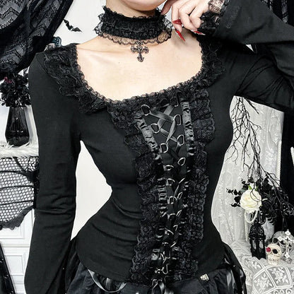 Goth Black Lace Trim Long Sleeve T-Shirts Vintage Sexy Lace-up Square Collar Tops with Choker Cross Women Autumn Tees