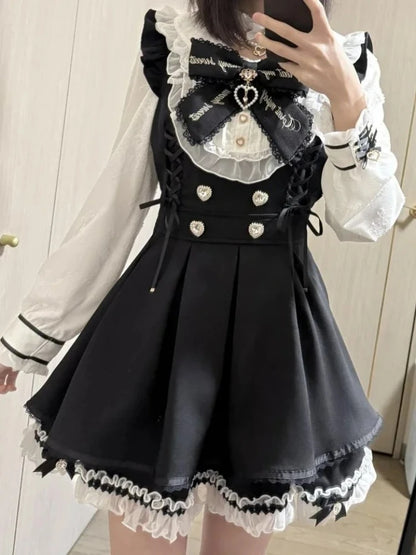Japanese Style Lolita Sweet Dress Set 2026 New Vintage Plaid Cute Bow Short Sleeved Tops Jk Casual Y2k Shorts Girls Kawaii Set
