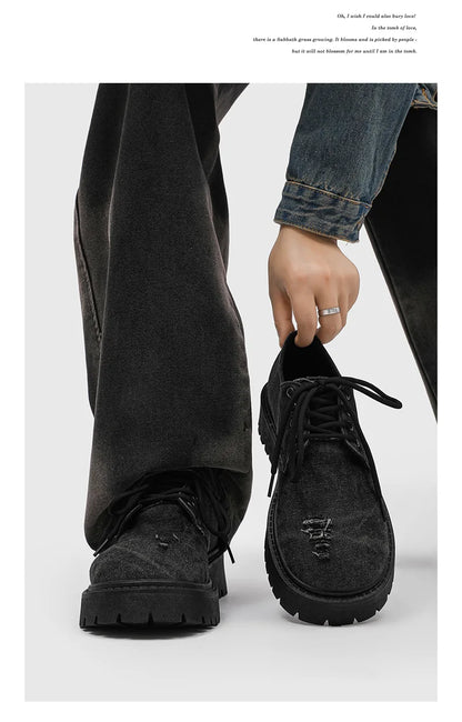 Men's Distressed Denim Derby Shoes Chunky Grunge Platform Boots Avant-Garde Bulky Toe Niche Streetwear Footwear for Trendy Youth