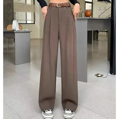 Women Fashion Suit Pants Lady Breathable Baggy High Waist Wide Leg Summer Trousers Lady Straight Leg Black Coffee Classic Pants