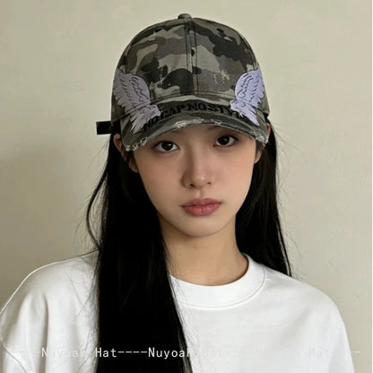 Korean Embroidered Letters Dual-bladed Angel Wings Baseball Hats New Men Women Sunshade Retro Versatile Fashion Peaked Caps ins