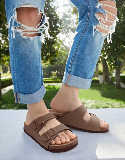 Comwarm Fashion Men Leather Sandals Summer Cork Footbed Slide Sandals Beach Sandals Unisex Brand Sandals with Adjustable Buckle
