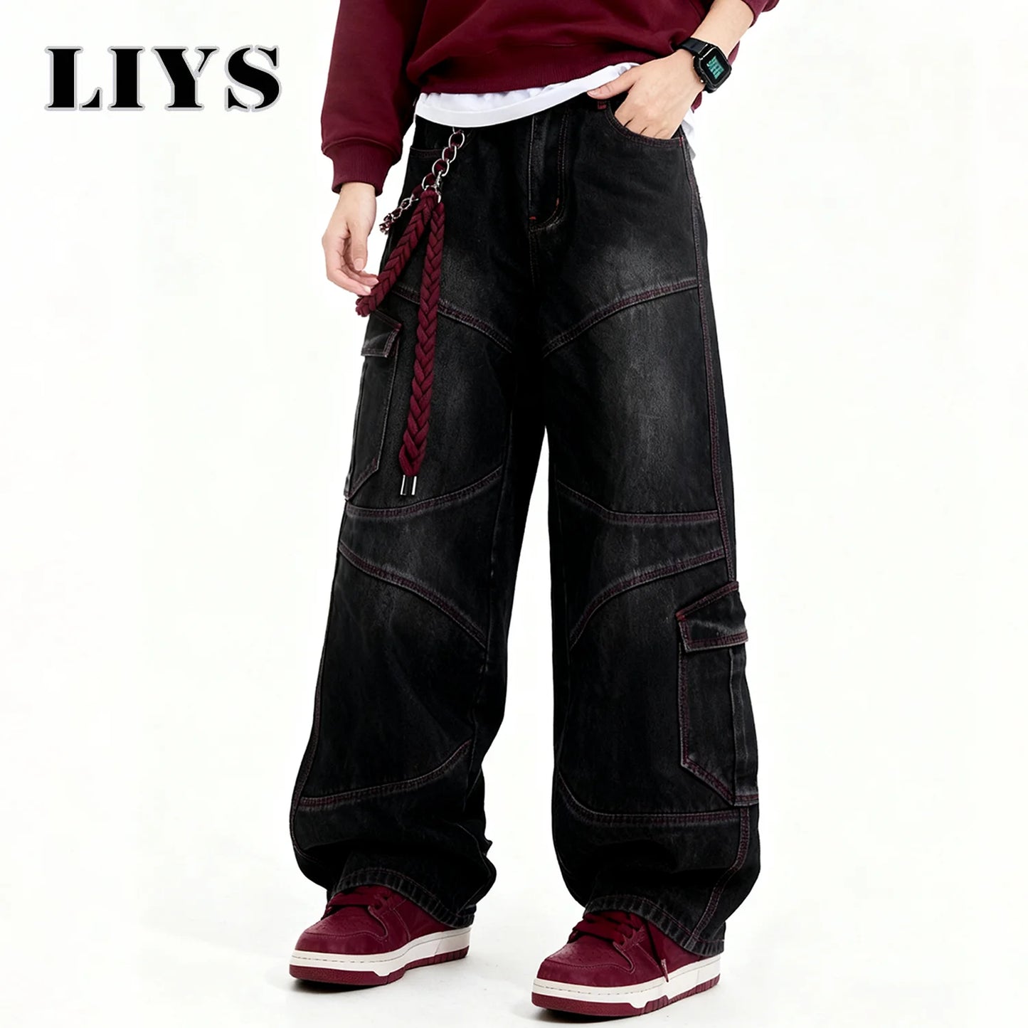 Men's American Street Retro Deconstruction Loose Wide Leg Jeans Unisex Baggy Men's Clothes Multi Pocket Skateboard Pants Jeans
