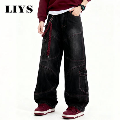 Men's American Street Retro Deconstruction Loose Wide Leg Jeans Unisex Baggy Men's Clothes Multi Pocket Skateboard Pants Jeans