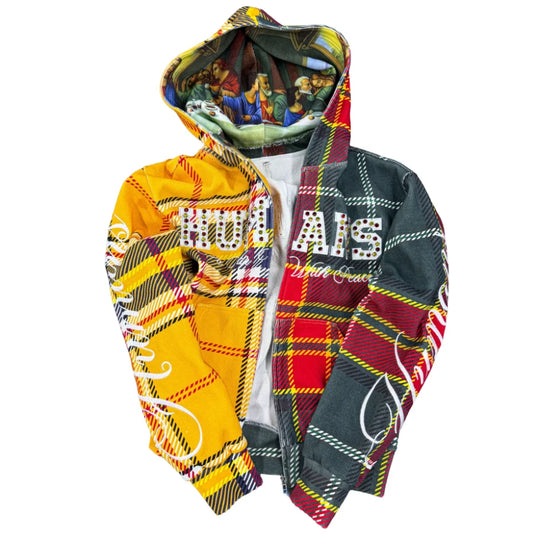 New Contrasting Color Splicing Plaid Hoodie Sportswear Harajuku Embroidery Hot Diamond Design Sweatshirt Lettering Loose Jacket