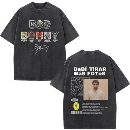 Rapper Bad Bunny Album Cover Print T-shirt Debi Tirar Mas Fotos DTMF Washed Vintage T Shirt Men Women Hip Hop Oversized T-shirts