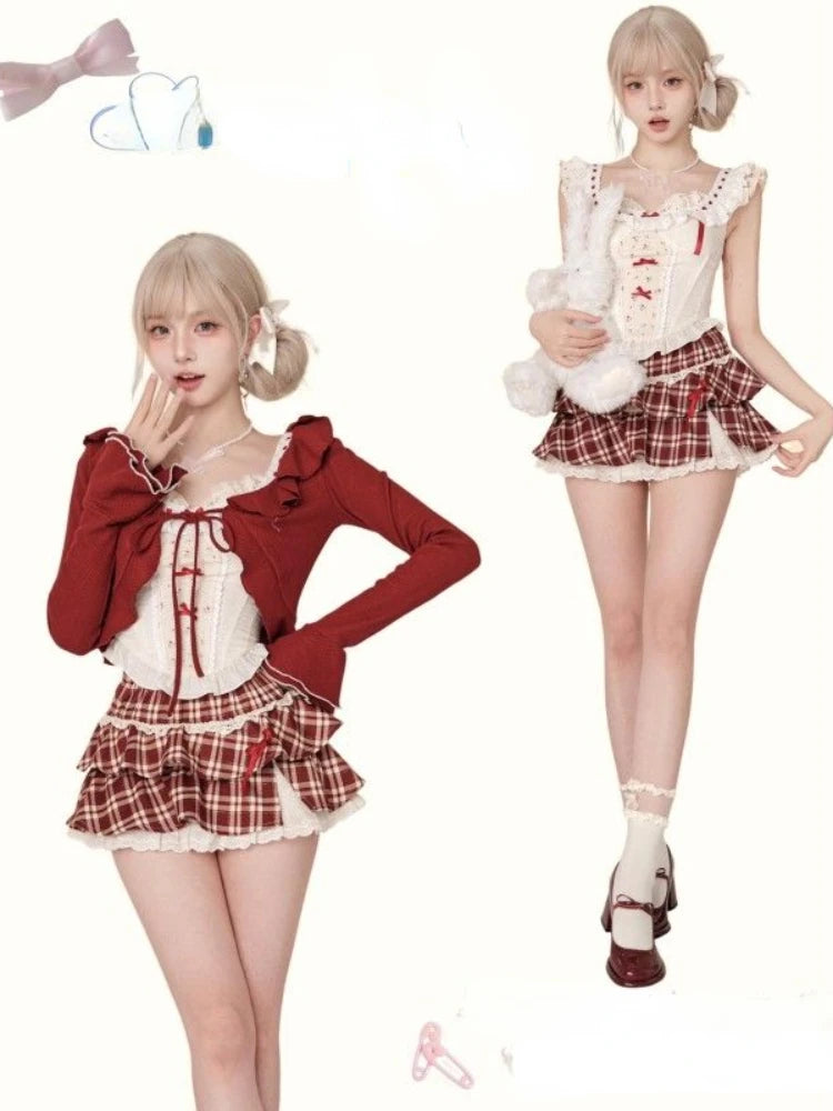 Vintage 3 Piece Skirt Suit Women Kawaii Ruffles Cardigan Outwear Bodycon Vest Blouse + Slim Y2k Skirts Evening Party Lolita Sets