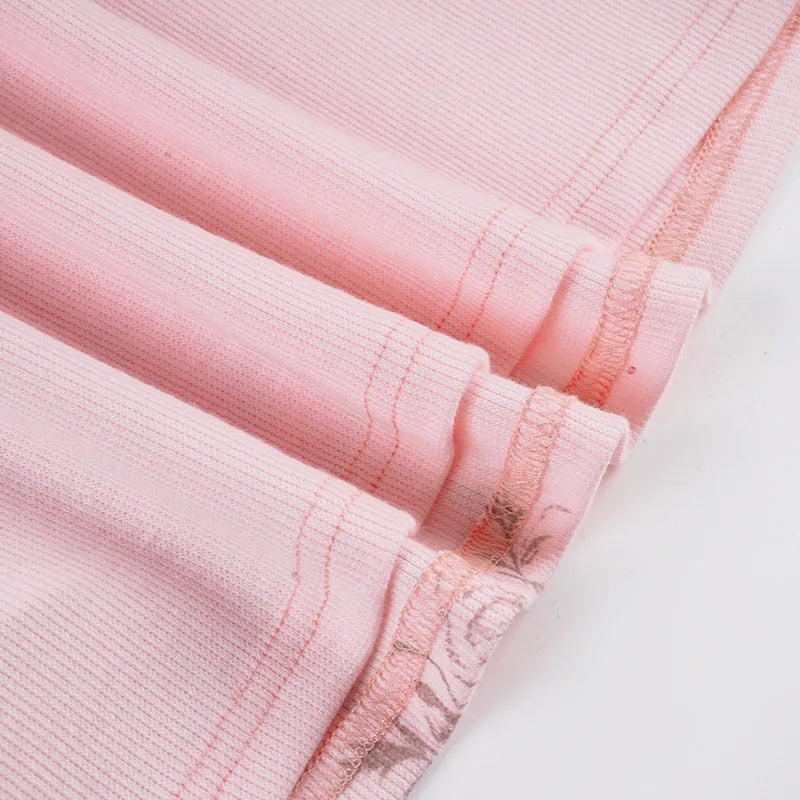 Pink Floral Print Women Fairy Y2K T-shirt Coquette V Neck Long Sleeve Tees Autumn Spring Casual Pullovers Tops Vintage Clothes