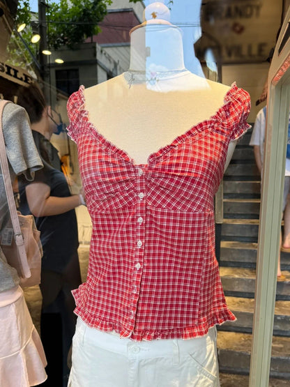 Ruffles White Basic Blouse Top for Woman Summer Folds Single Breasted Sleeveless Tank Tops Casual Cotton Vest Y2k Sweet Camisole