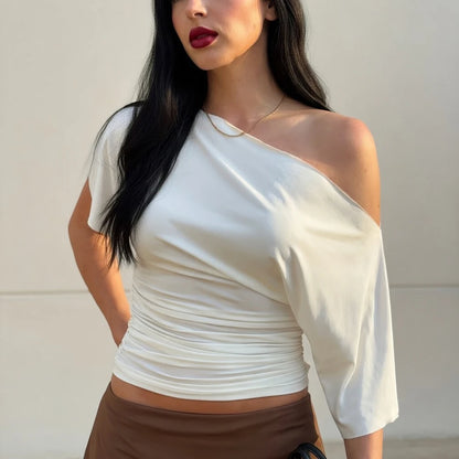 Talenza Summer One Shoulder Tops Fashion Slim Shrink Short Sleeve T-Shirts Sexy Party Y2k Streetwear Solid Pullover Tops Women