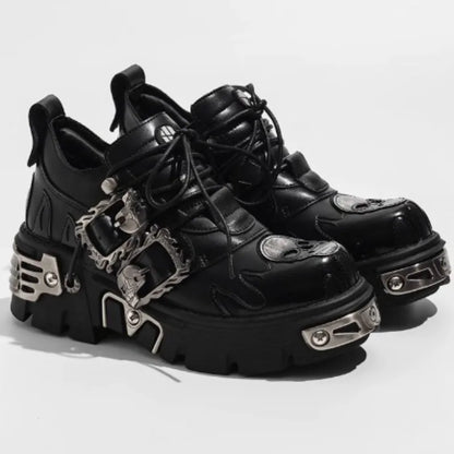 Cowhide Rock Flame Trend Carving Dark Punk Small Leather Skull Design Low-top Gothic Thick-soled Single Shoes
