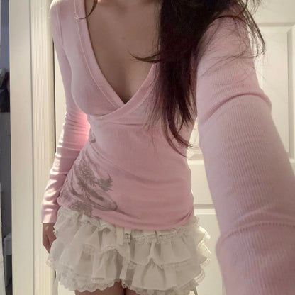 Pink Floral Print Women Fairy Y2K T-shirt Coquette V Neck Long Sleeve Tees Autumn Spring Casual Pullovers Tops Vintage Clothes